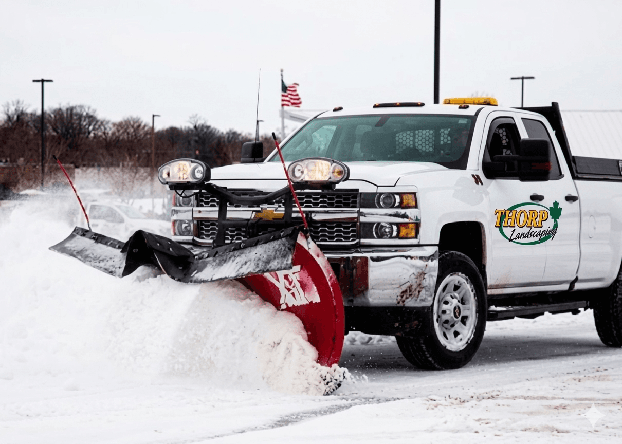 Thorp Landscaping plow truck clearing snow from a parking lot