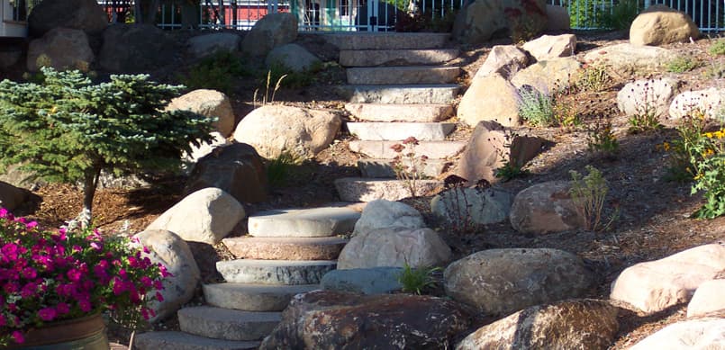 Natural stone steps flanked by boulders and annual flowers